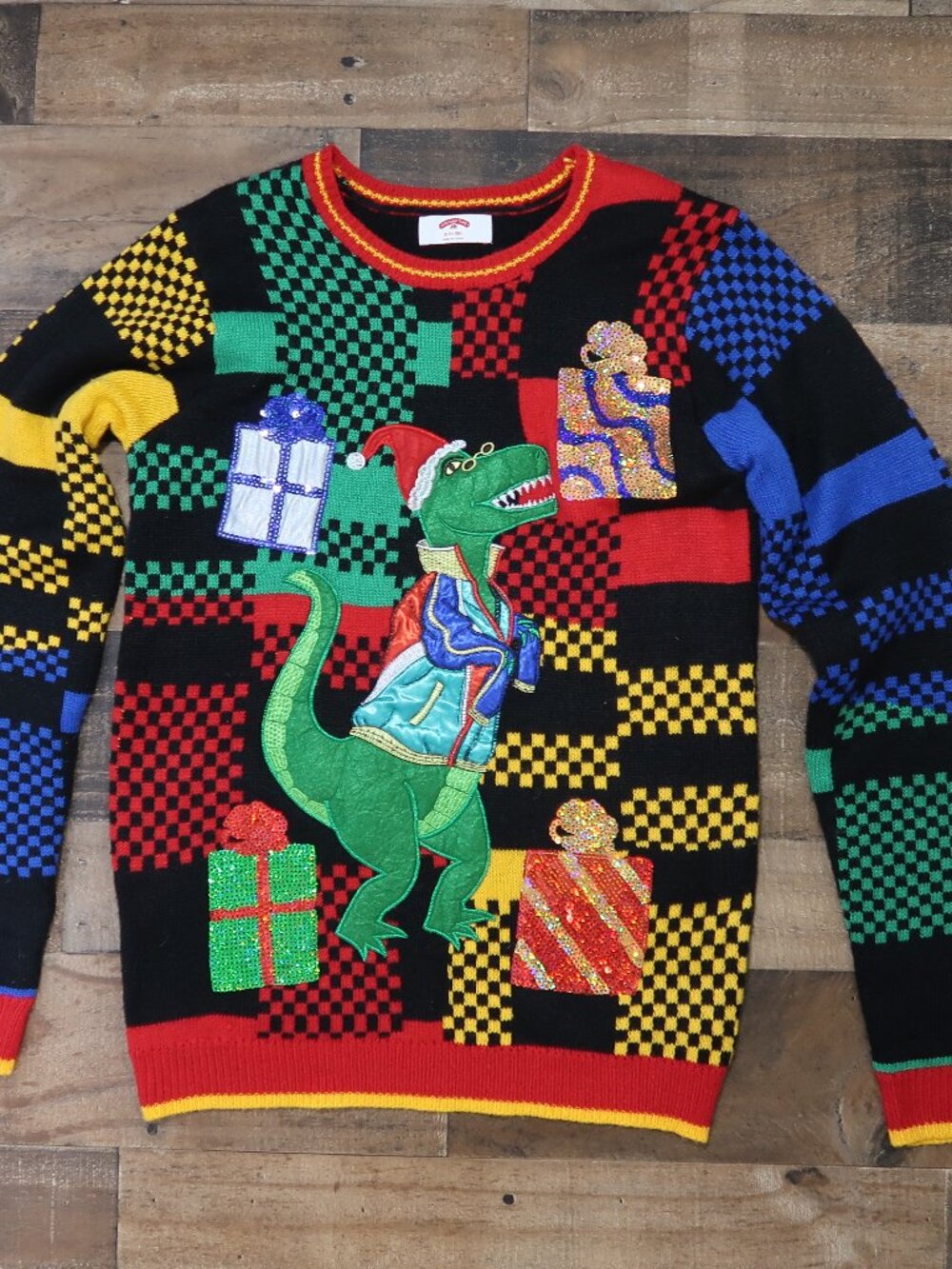 Holiday Time Mens Small (34-36) Dinosaur T Rex Ugly Christmas Sweater Holiday
